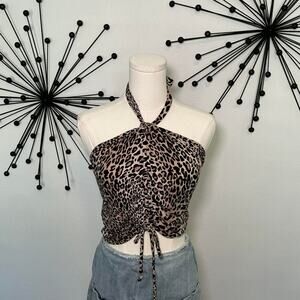 Caution to the Wind leopard print halter top ruched Y2K cheetah crop